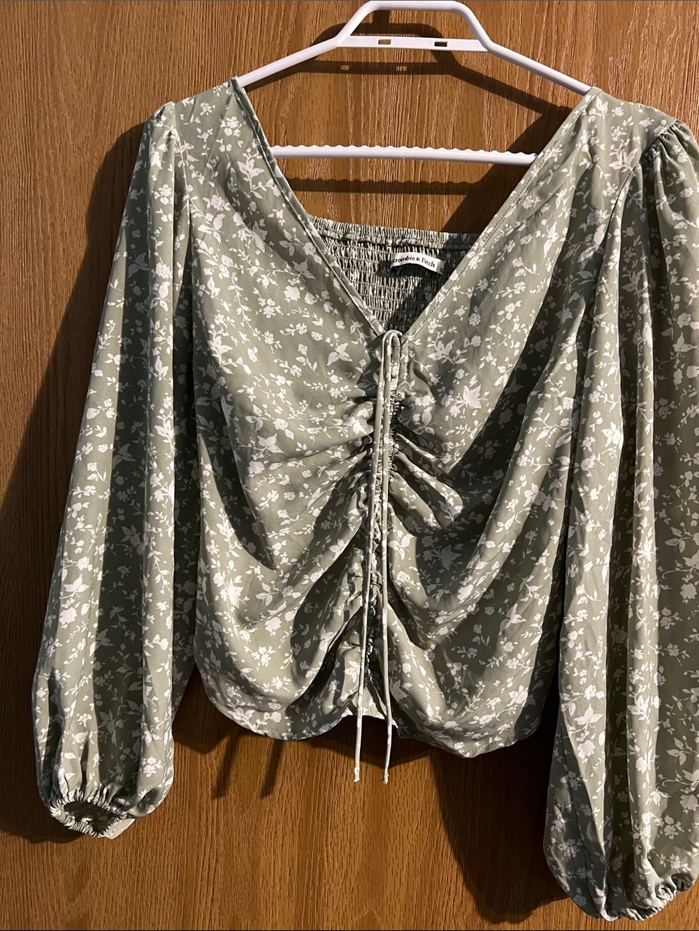 Abercrombie & Fitch Olive Green Floral Ruched Front Blouse
